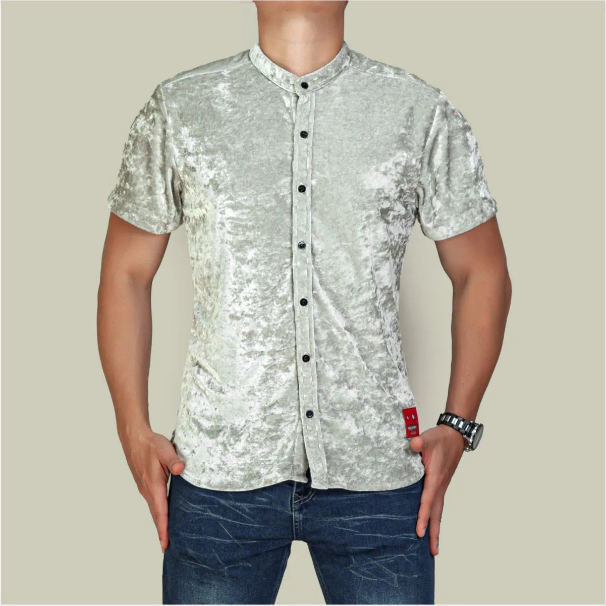 Camisa Manga Corta Resplandor Verde Plata Cuello Mao