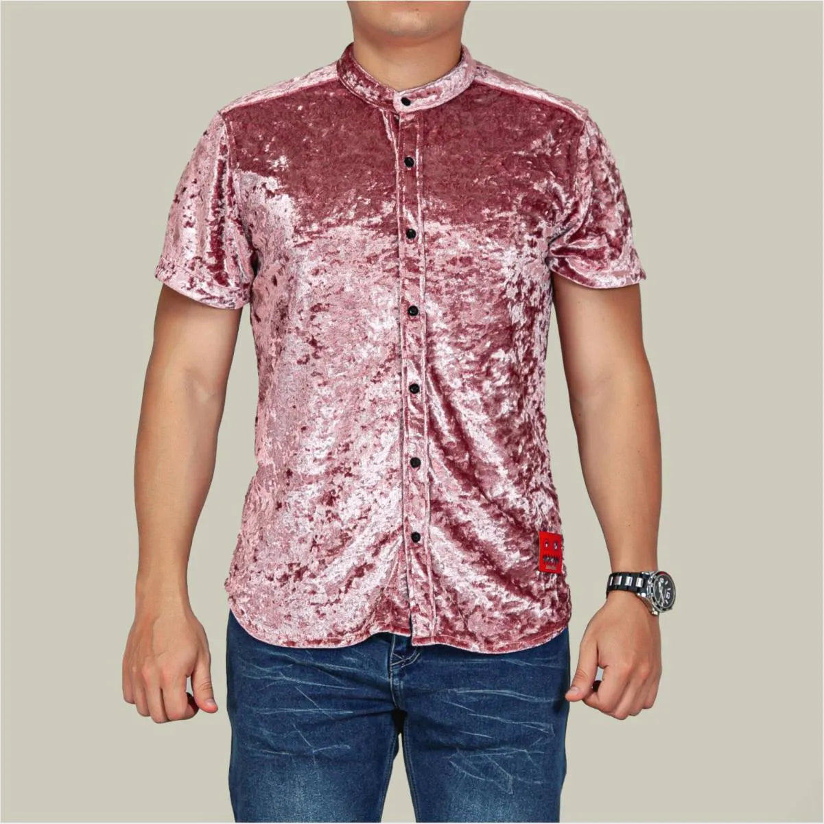 Camisa Manga Corta Resplandor Purpura Plata Cuello Mao