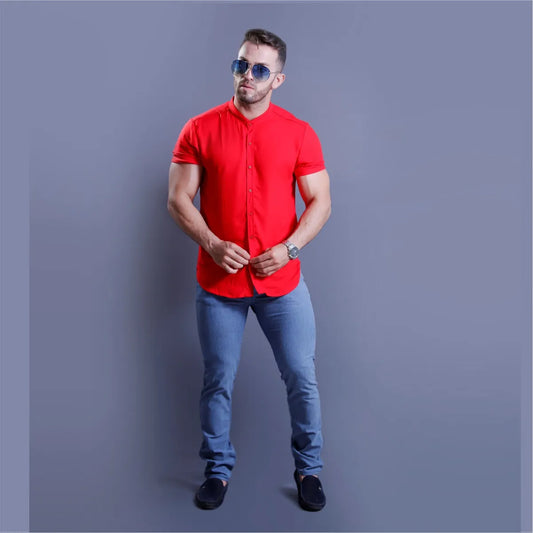 Camisa Manga Corta Rojo Cuello Mao