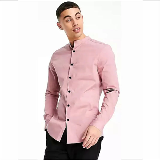 Camisa Manga Larga Rosado Coral Cuello Mao