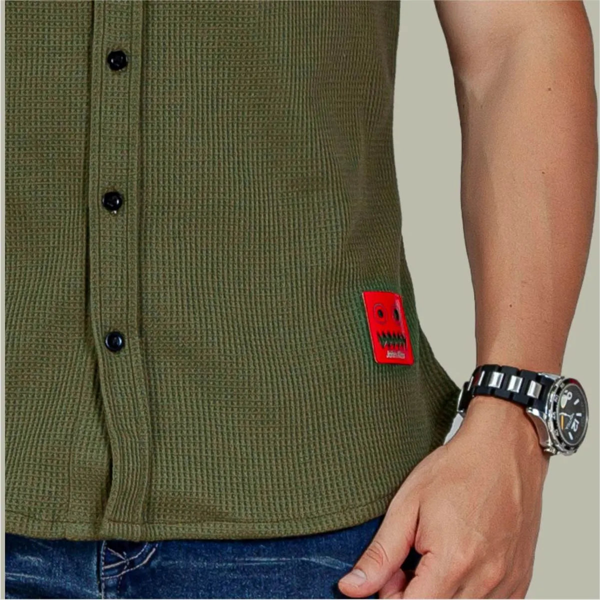 Camisa Manga Corta Galleta Verde Cuello Mao